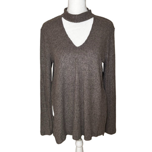 Lush -Ribbed Knit Cutout Mock Neck,  Long Sleeve Sweater, Grey, soft– Size S